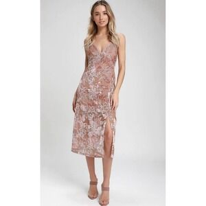 Lulus XS Floral Embroidered Mesh Slip Midi Dress Pink Nude Lined Spaghetti Strap
